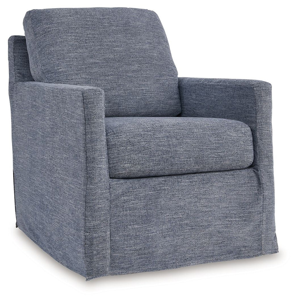 Blue upholstered swivel glider accent chair with rounded arms and cushioned seat