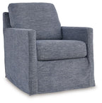 Blue upholstered swivel glider accent chair with rounded arms and cushioned seat