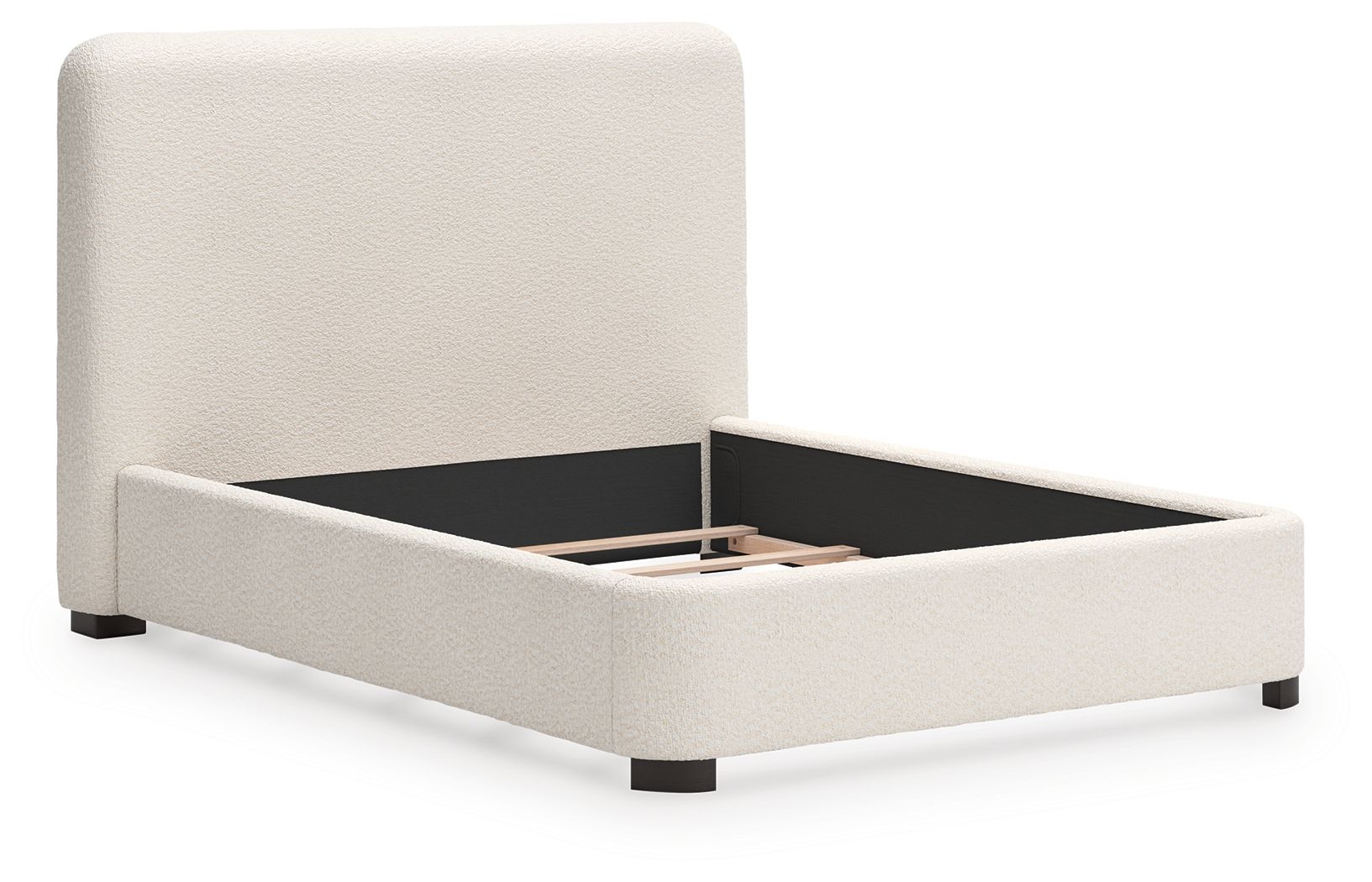 Beige upholstered bed with open storage base, padded sides, and block legs