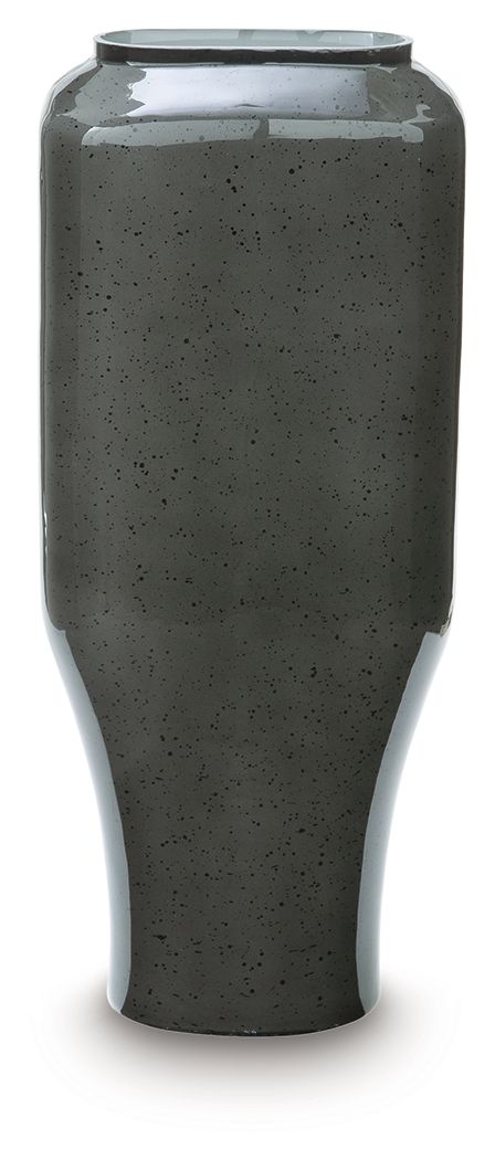 Tall dark speckled ceramic vase with flared top and narrow base