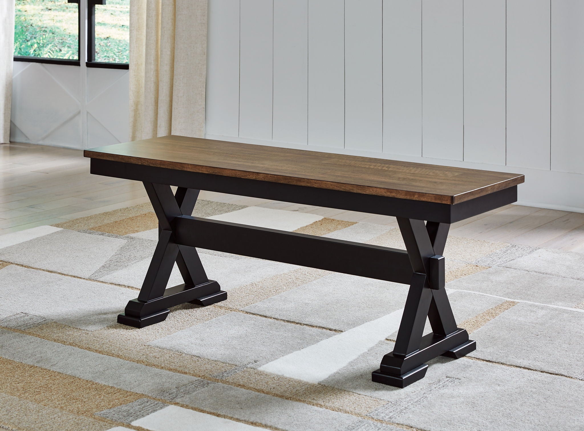 Dark brown dining bench with black legs and two slats under seat.