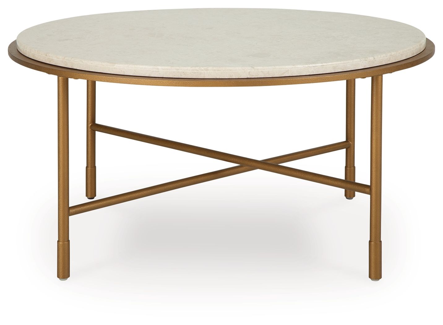 Round table with cream stone-look top and gold metal base with diagonal cross brace.