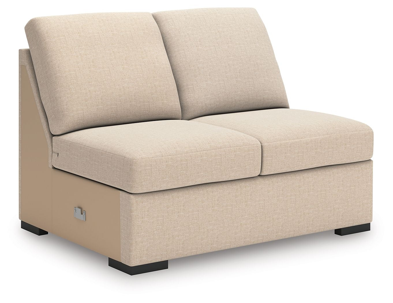 Cream upholstered chaise with two back cushions and boxy seat, dark legs
