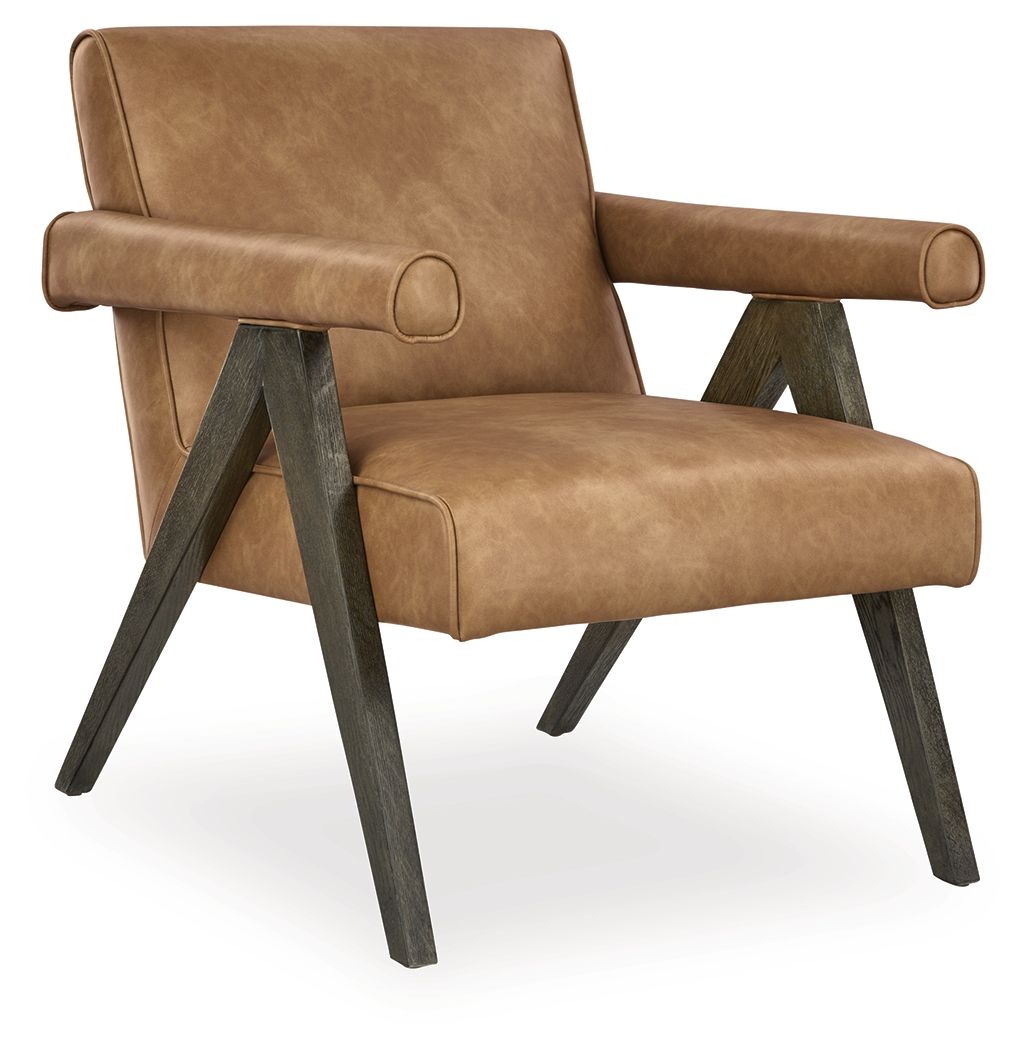 Tan faux-leather accent chair with curved arms and dark angled legs