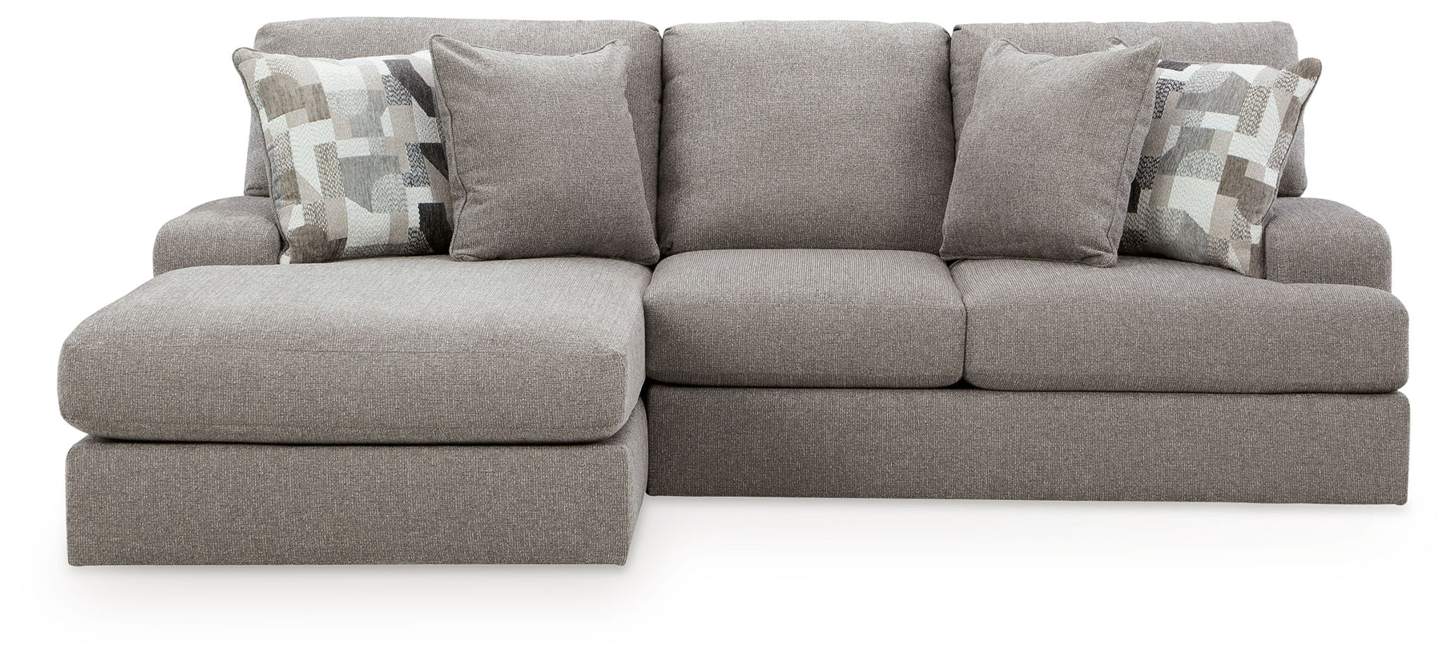 Lindon sectional sofa in smoke gray fabric with square seat and patterned throw pillows
