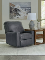 Dark gray leather-look rocker recliner chair with wide seat and padded backrest