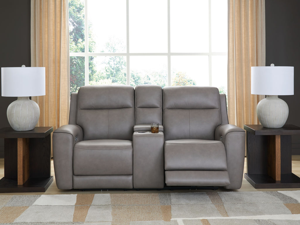 Gray power reclining loveseat with console and adjustable headrests, front view