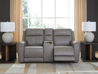 Gray power reclining loveseat with console and adjustable headrests, front view
