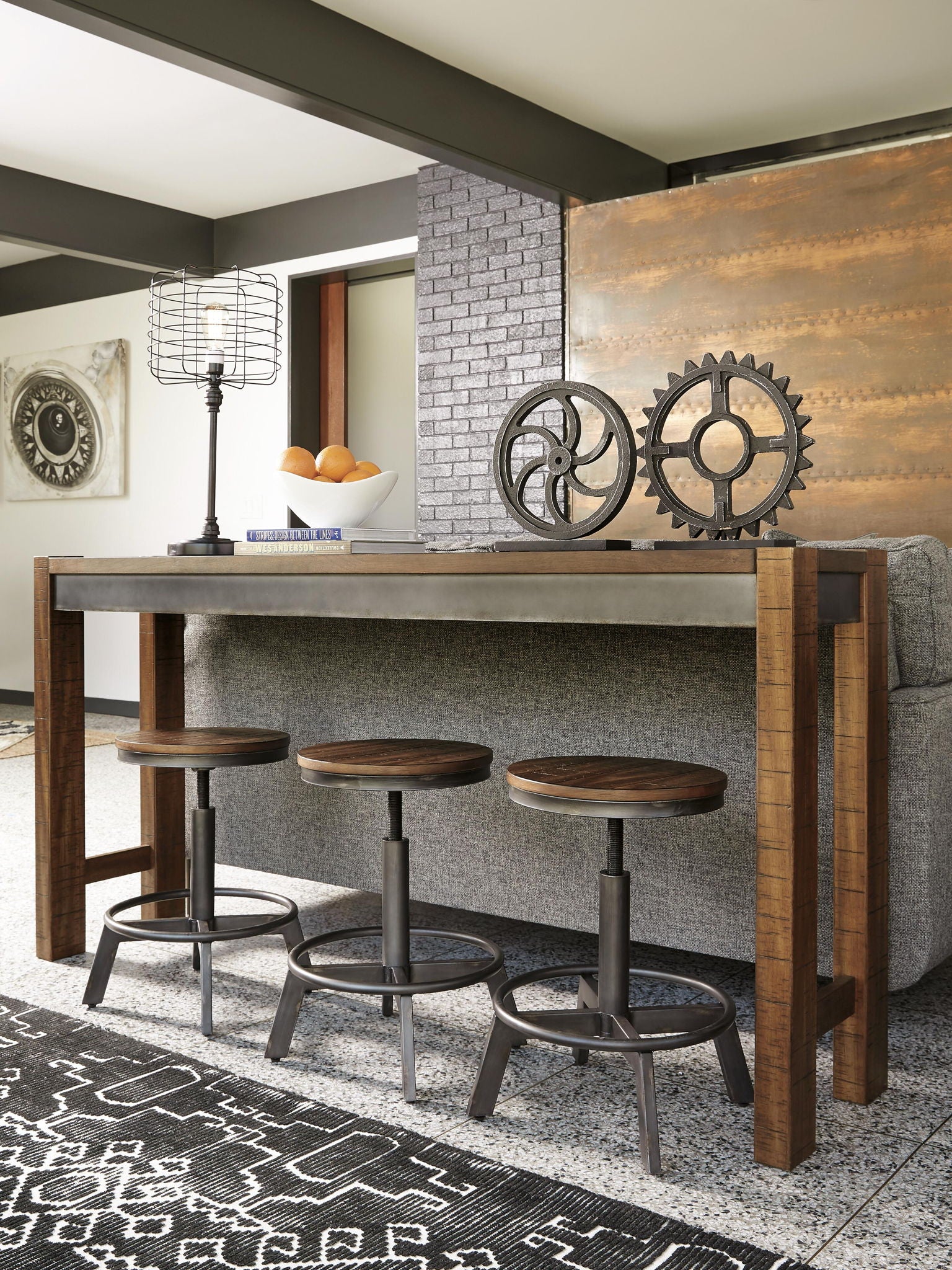 Dark brown swivel stools (set of 2) with round seats and metal footrest