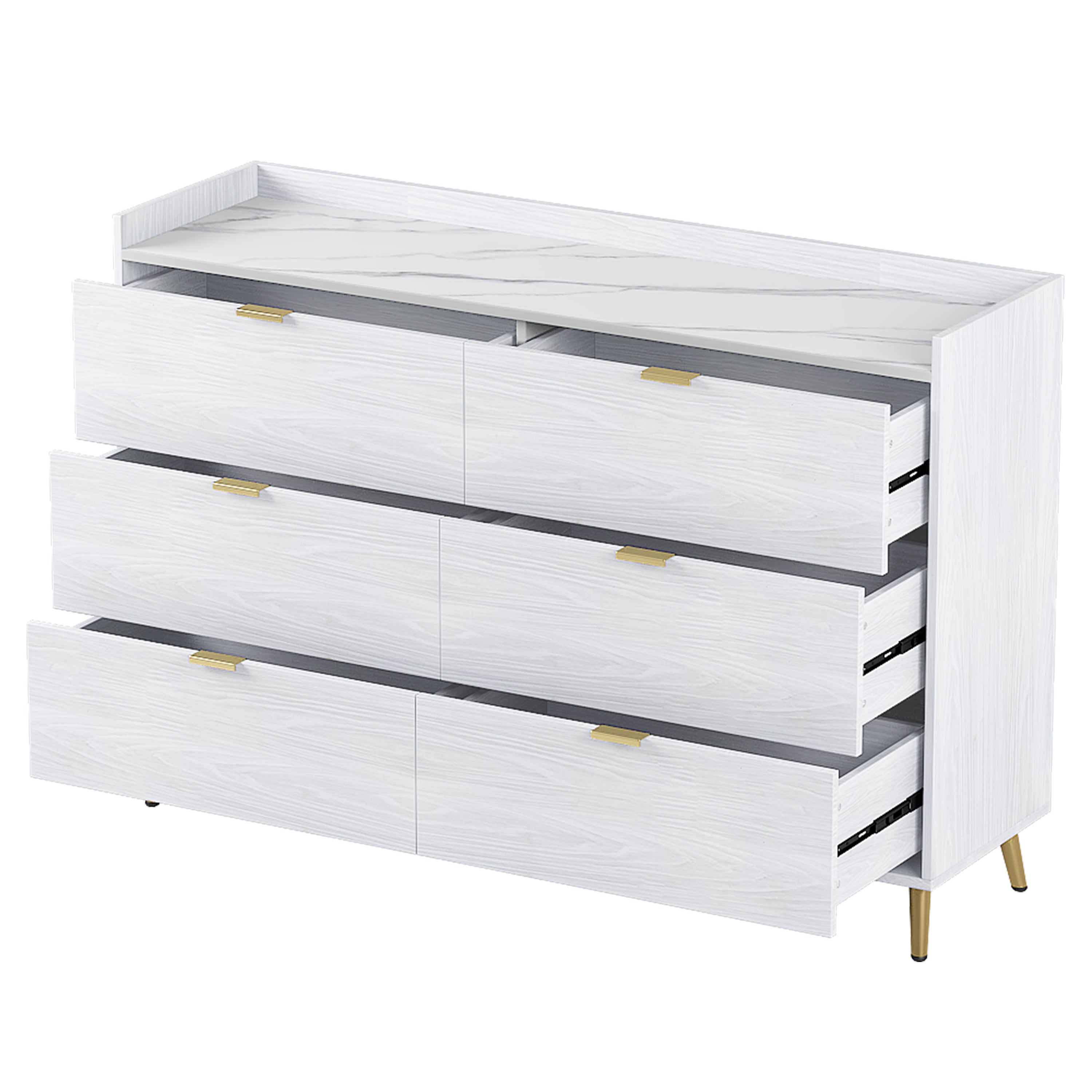 55" White Dresser with Marbling Top & Metal Legs