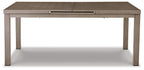 Rectangular outdoor dining table with beige top and metal corner latches
