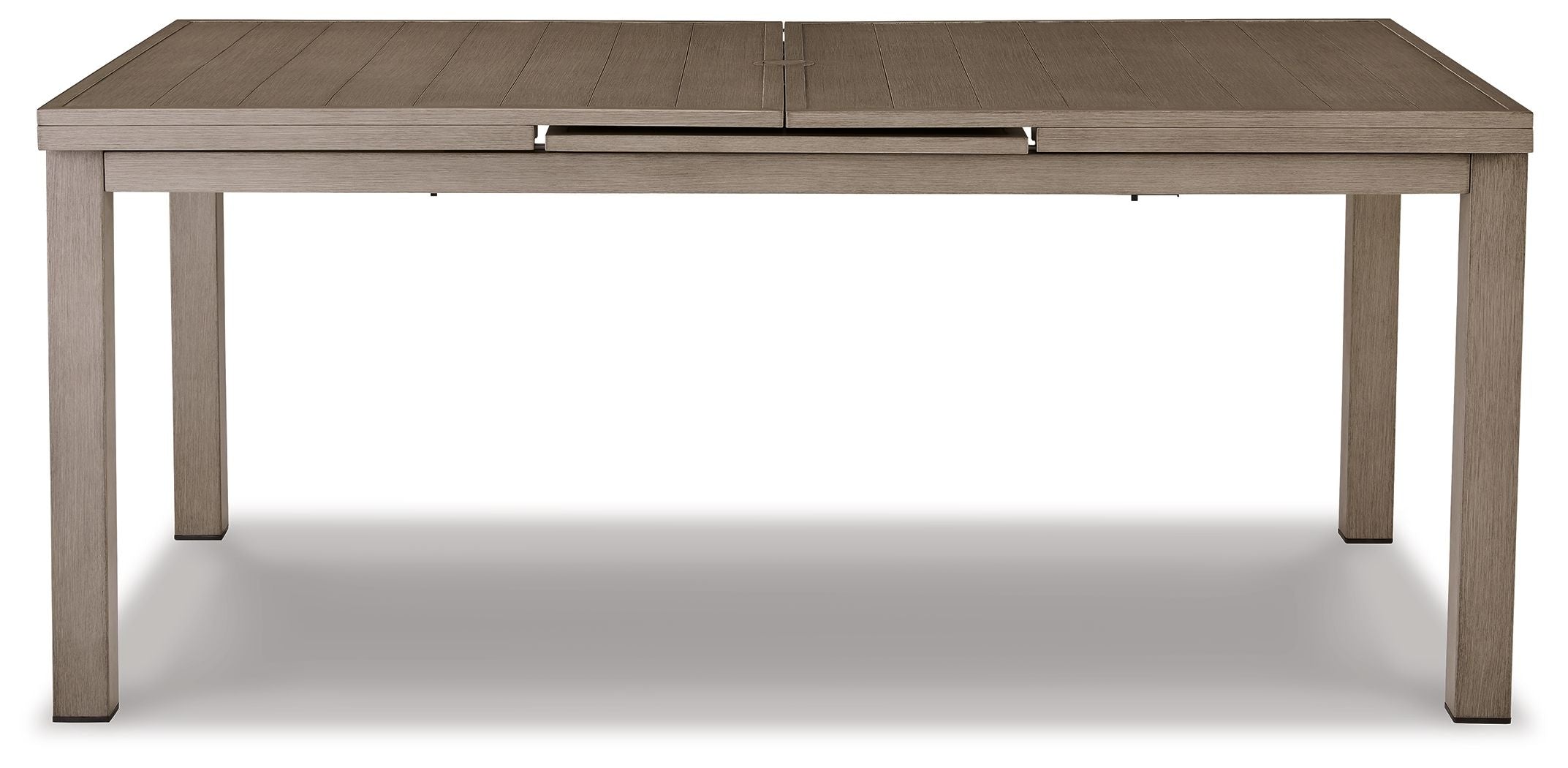 Rectangular outdoor dining table with beige top and metal corner latches