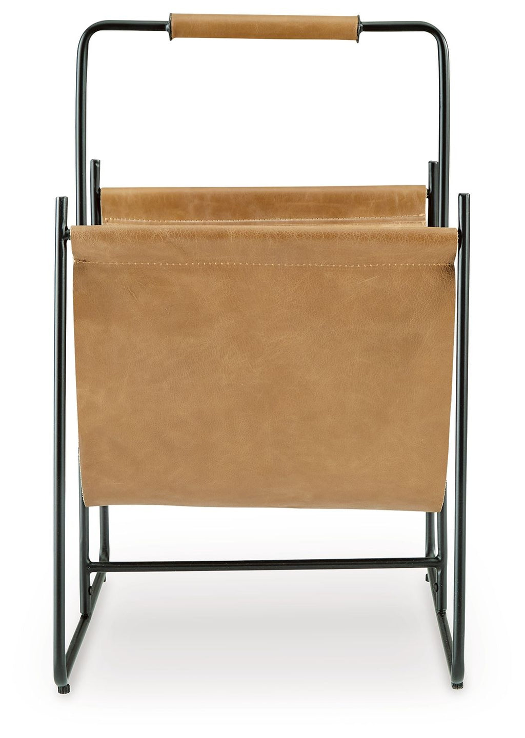 Brown magazine rack with black metal frame, front pocket and top handle bar