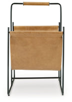 Brown magazine rack with black metal frame, front pocket and top handle bar