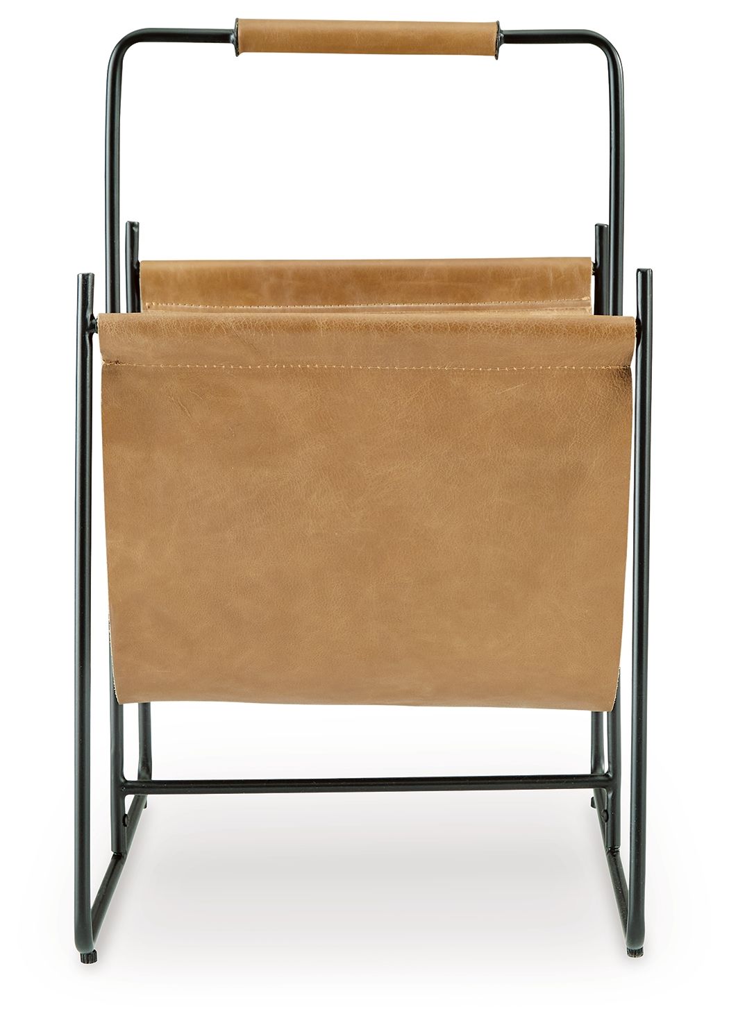 Brown magazine rack with black metal frame, front pocket and top handle bar