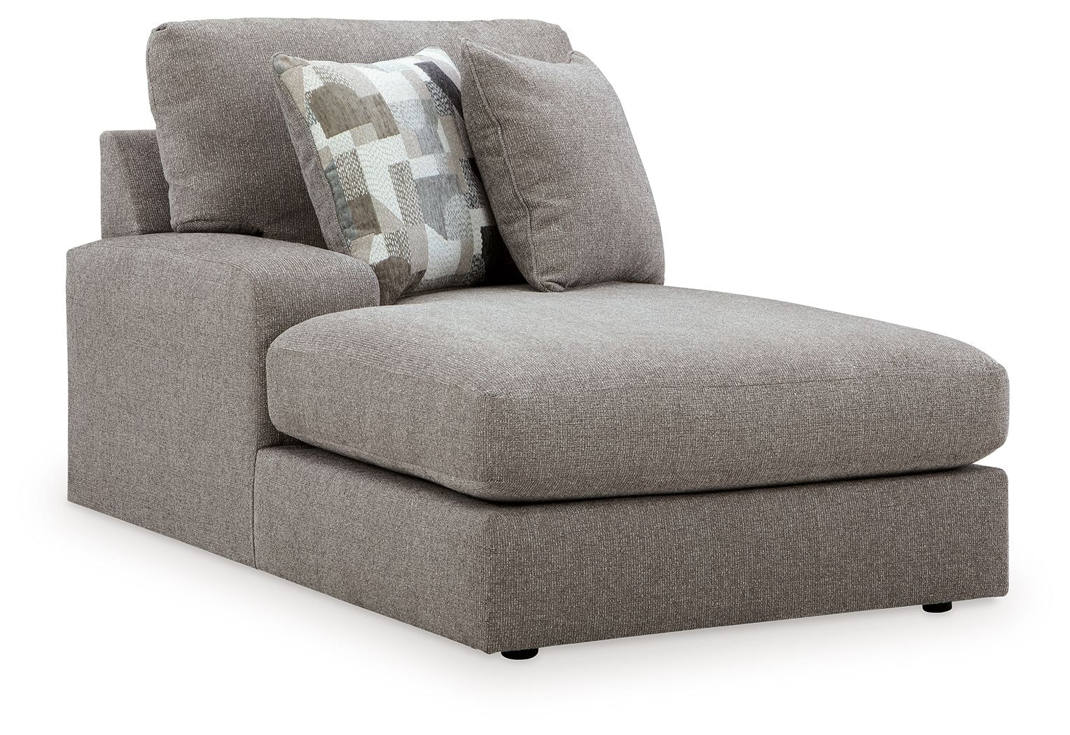 Smoke gray upholstered corner chaise with seat, back cushions, and patterned throw pillow