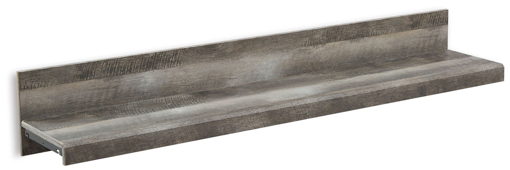 Gray wood bridge shelf with textured finish and low open base
