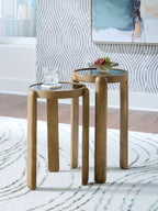 Set of 2 light brown round accent tables with tapered legs, nested