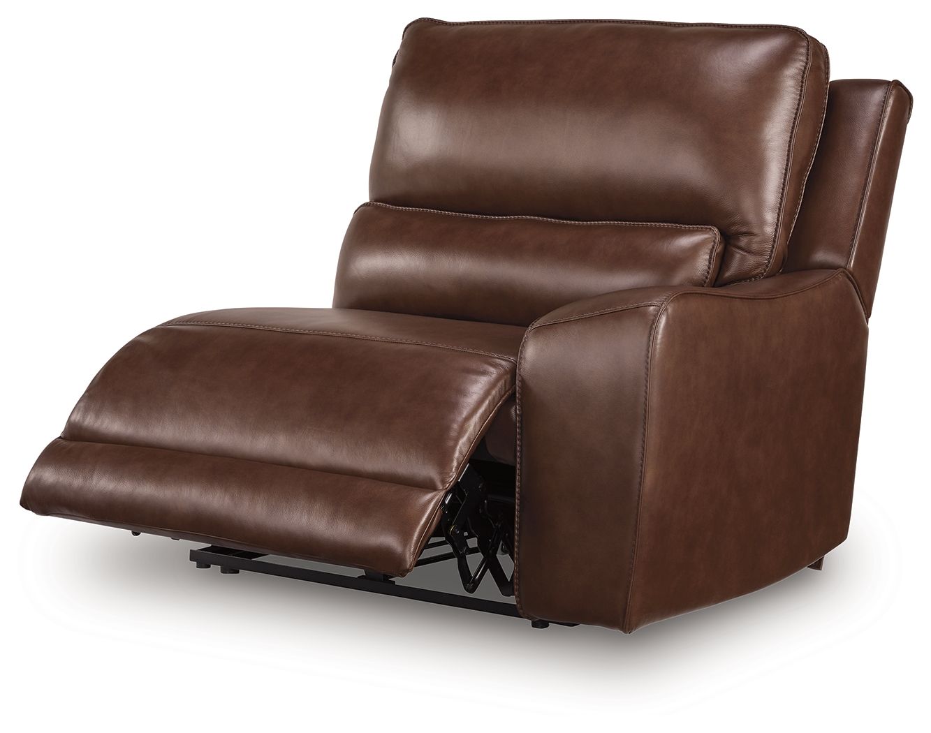 Brown leather power recliner chair with extended footrest and side panel