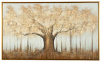Framed wall art with golden-brown tree trunk and white drips, brown-gold border