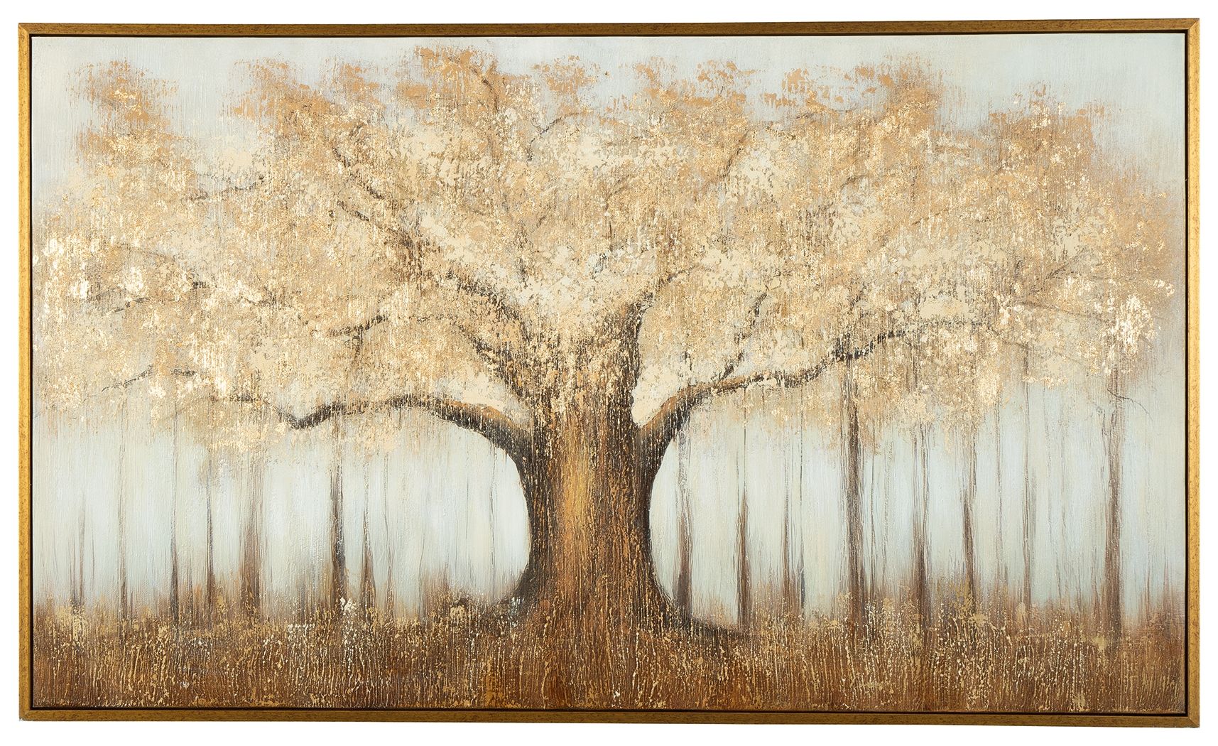 Framed wall art with golden-brown tree trunk and white drips, brown-gold border
