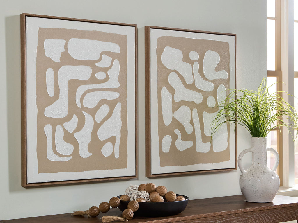 Two square framed wall art prints with beige and white abstract patterns
