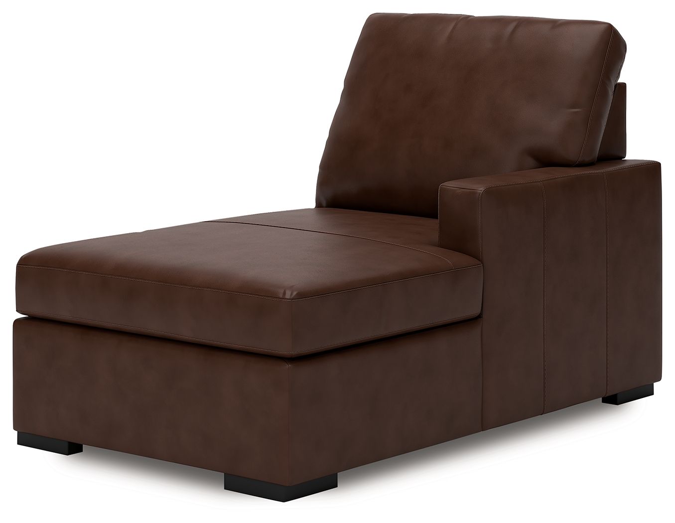 Brown corner chaise lounge with padded backrest, wide seat and block legs