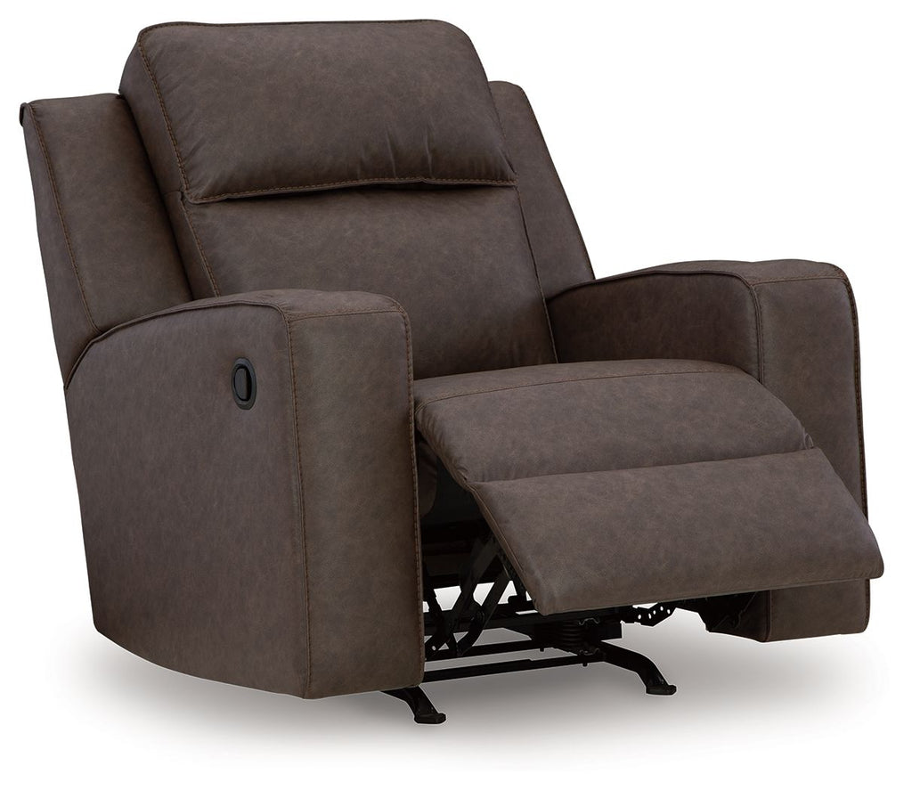 Dark gray fabric rocker recliner with extended footrest and padded armrests