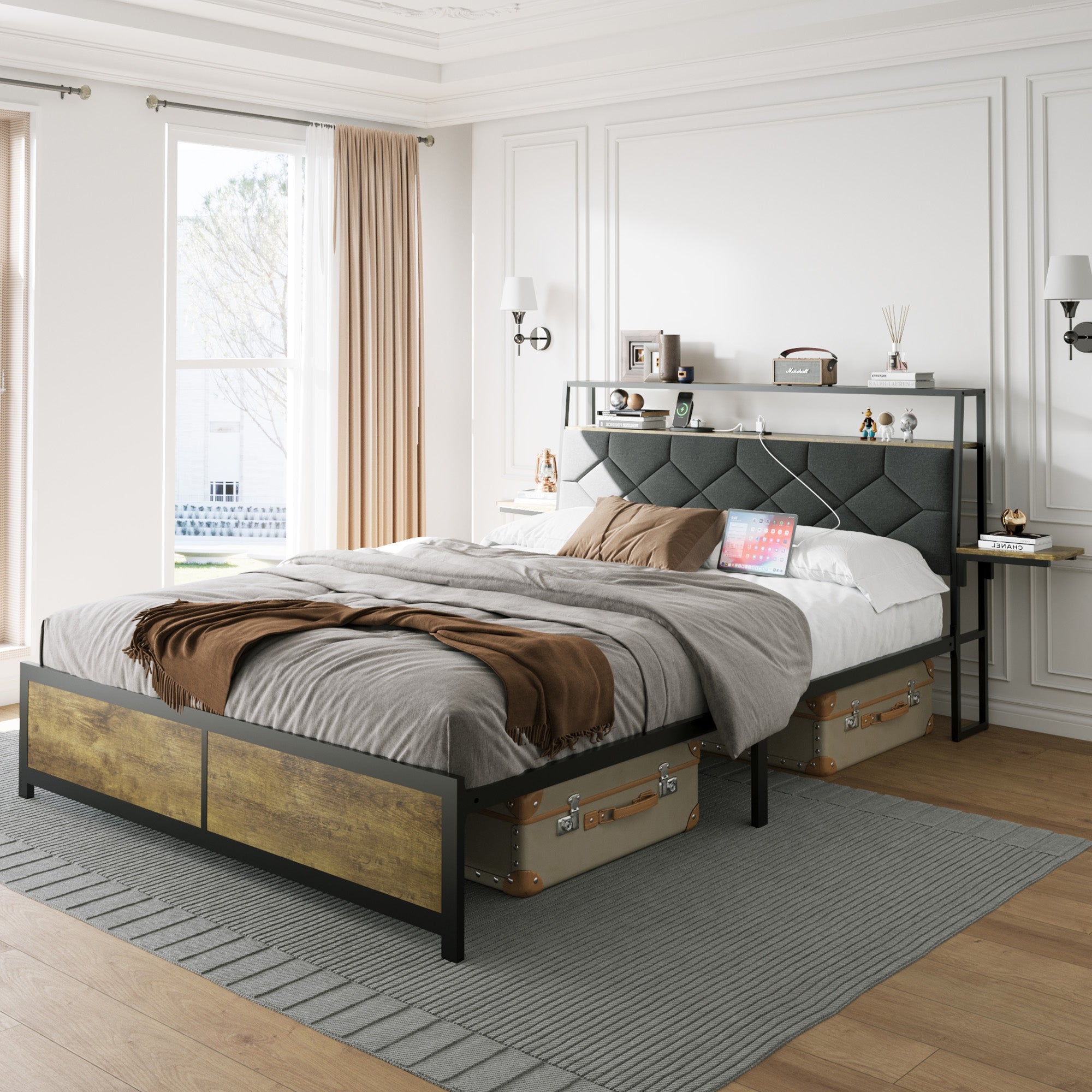 Queen Bed Frame RGB LED, USB, Power, Upholstered, No Box Spring