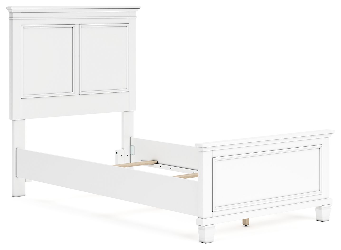 White panel bed showing open underside storage with visible wooden support slats.