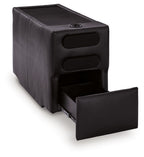 Black console with audio system, open front storage compartment, two speaker grilles