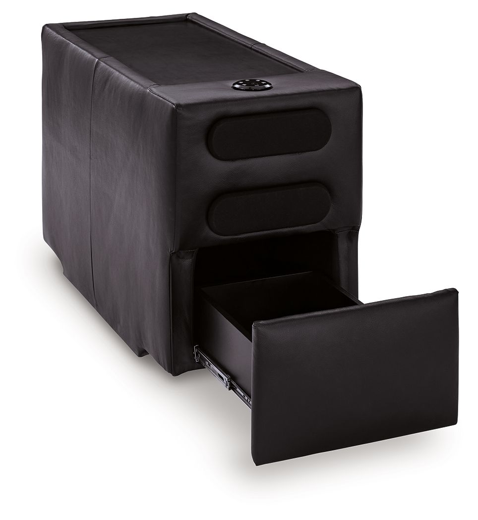 Black console with audio system, open front storage compartment, two speaker grilles