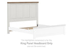King panel headboard in white with brown top rail, vertical panel design