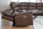 Brown reclining sectional chaise with power control and padded arm