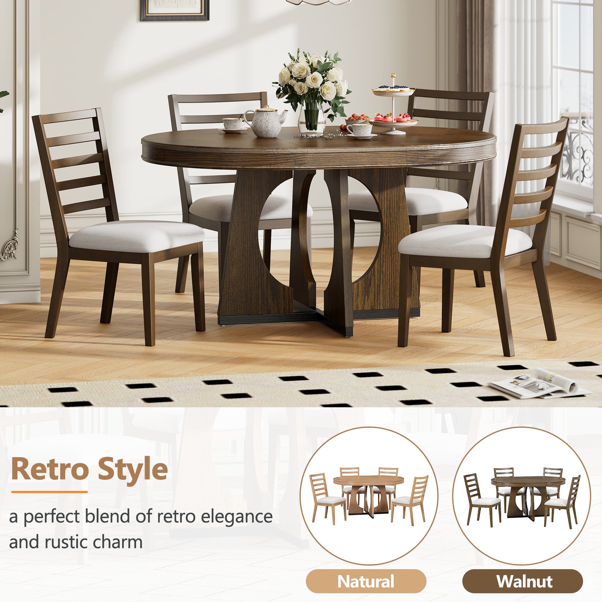 5-Pc Retro Rustic Dining Set (Walnut)