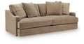 Sofa with light beige fabric, rolled arms, and 3 coordinating throw pillows