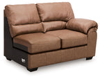 Caramel upholstered loveseat with tufted back cushions and rolled arms