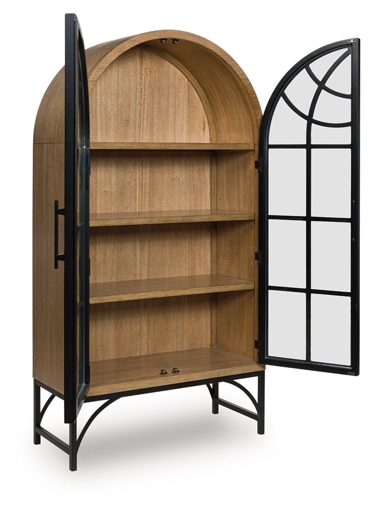 Natural wood accent cabinet, open arched doors, black metal frame and interior shelves