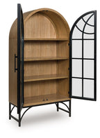 Natural wood accent cabinet, open arched doors, black metal frame and interior shelves