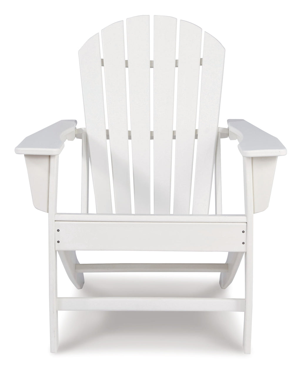 Outdoor Adirondack chair in white with slatted back, armrests, and lower support beam.