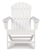 Outdoor Adirondack chair in white with slatted back, armrests, and lower support beam.