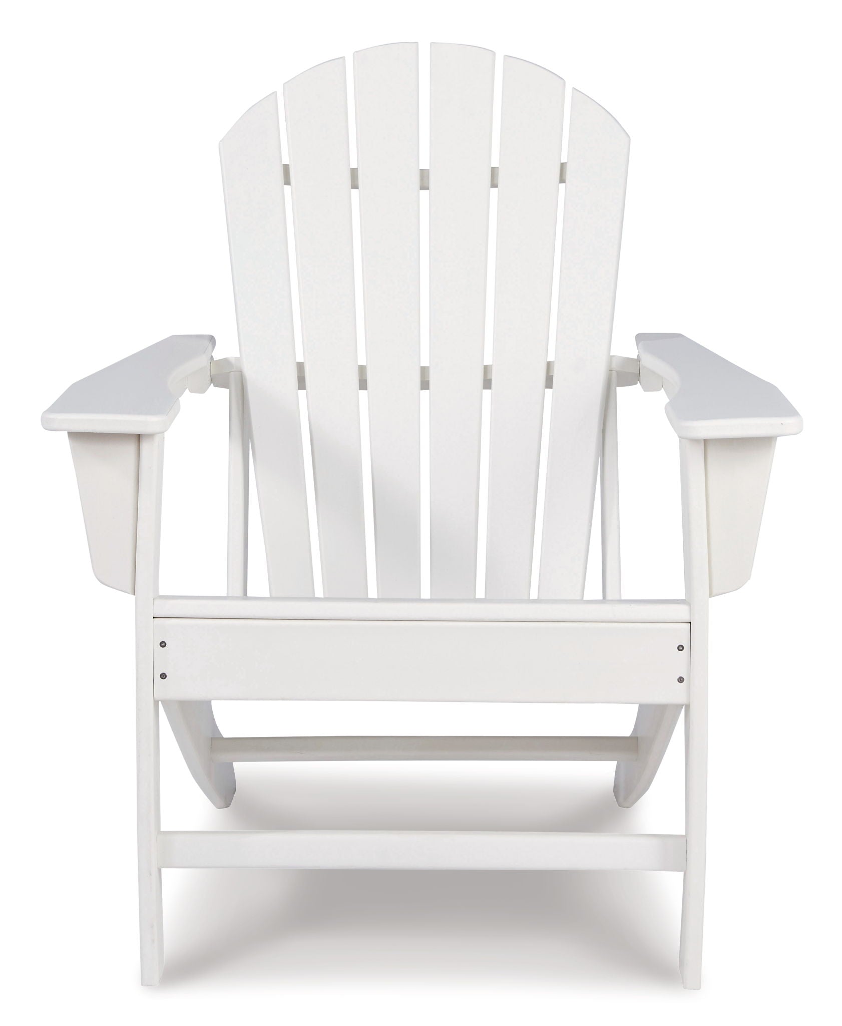 Outdoor Adirondack chair in white with slatted back, armrests, and lower support beam.