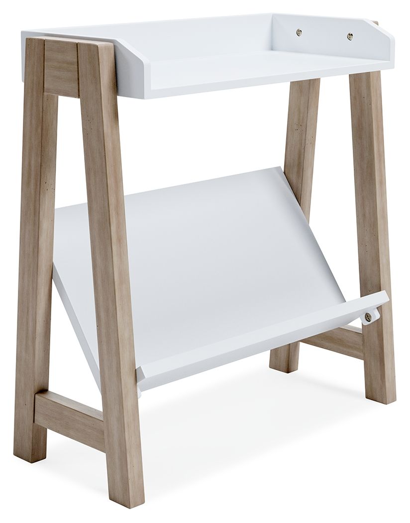 Small white and tan bookcase with open shelves and panel sides