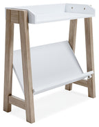 Small white and tan bookcase with open shelves and panel sides