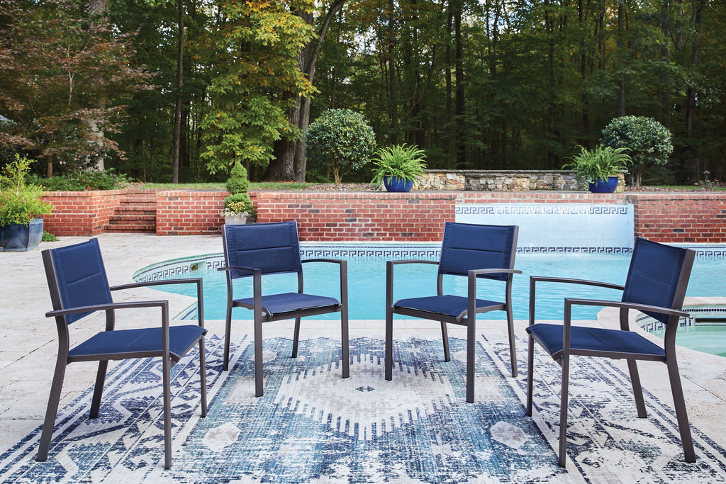 Blue sling arm chairs set of 4 with gray frames, arranged outdoors