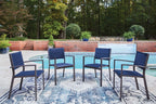 Blue sling arm chairs set of 4 with gray frames, arranged outdoors