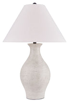 Antique white ceramic table lamp with textured vase base and off-white fabric shade