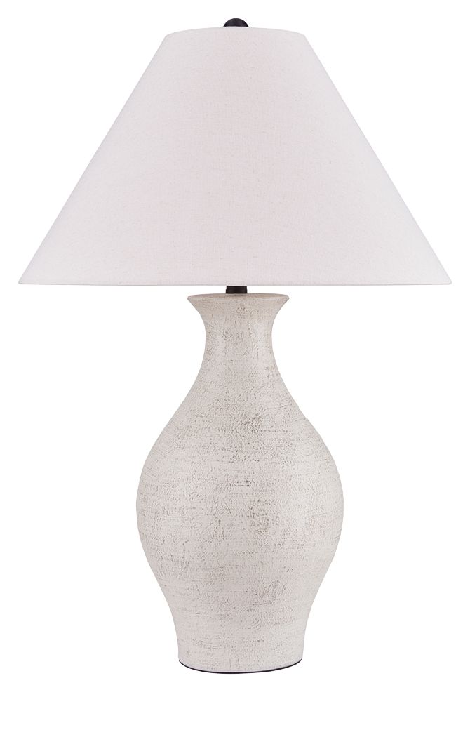 Antique white ceramic table lamp with textured vase base and off-white fabric shade