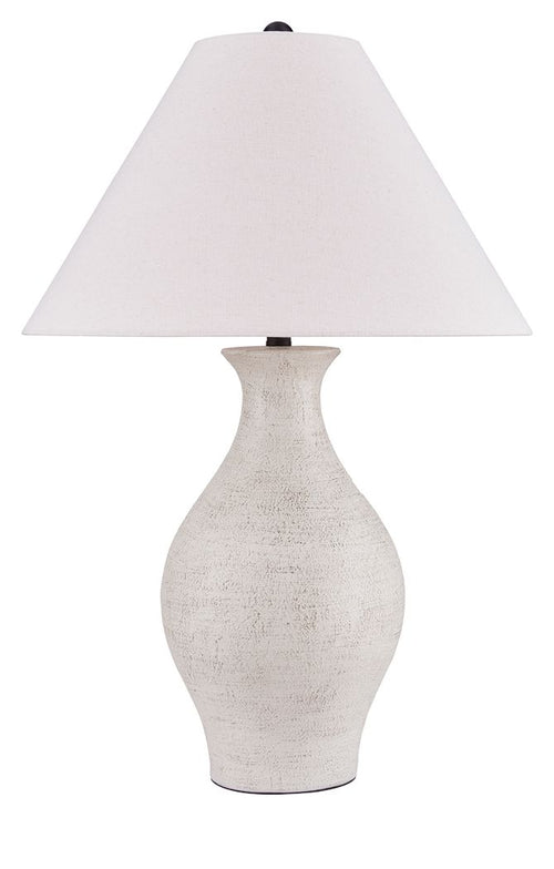 Antique white ceramic table lamp with textured vase base and off-white fabric shade