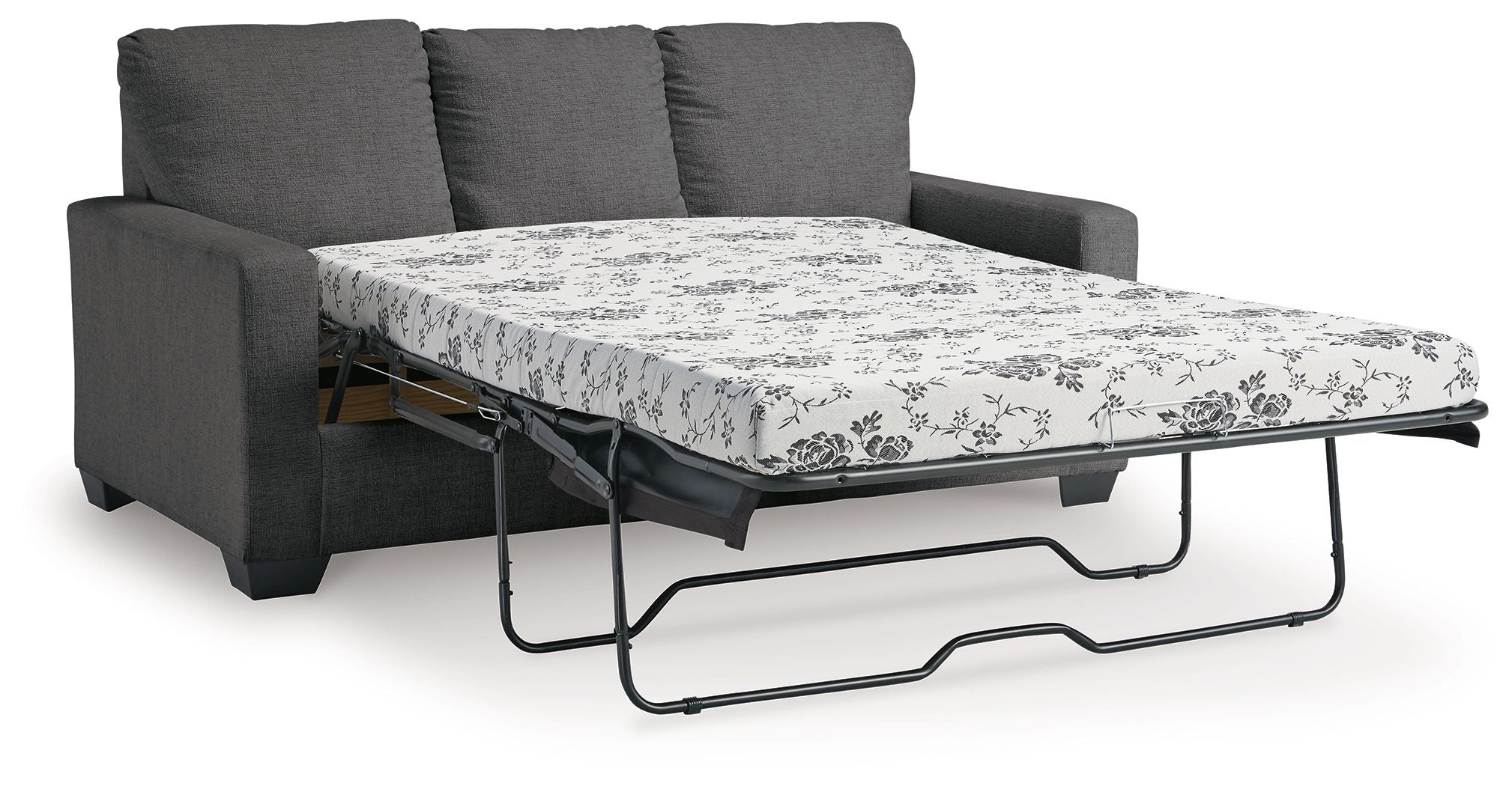 Dark gray sofa bed with pulled-out mattress and floral patterned cover